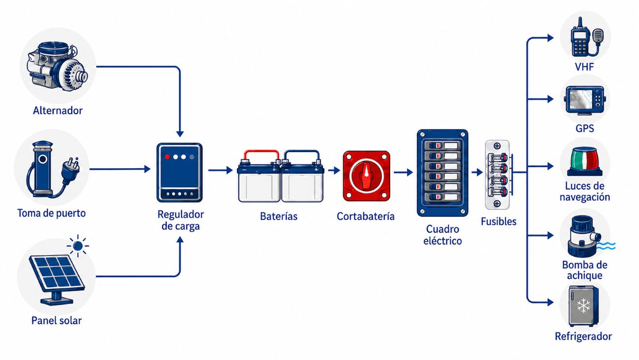 Esquema del funcionamiento del sistema eléctrico de un barco